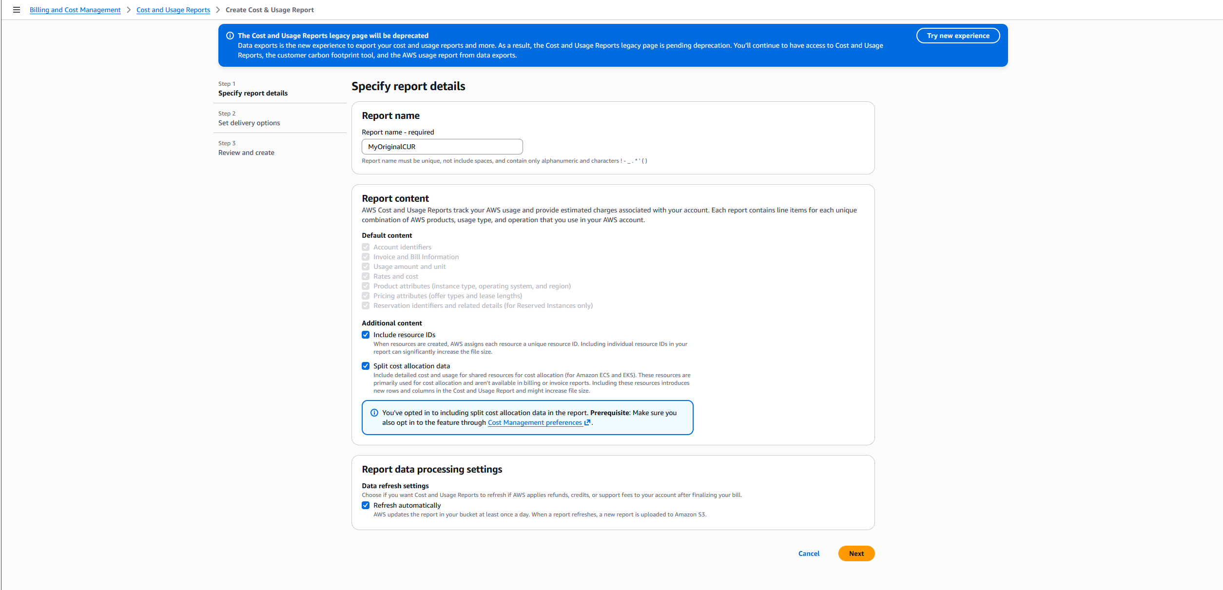 Create export page with Standard data export selected and CUR 2.0 chosen