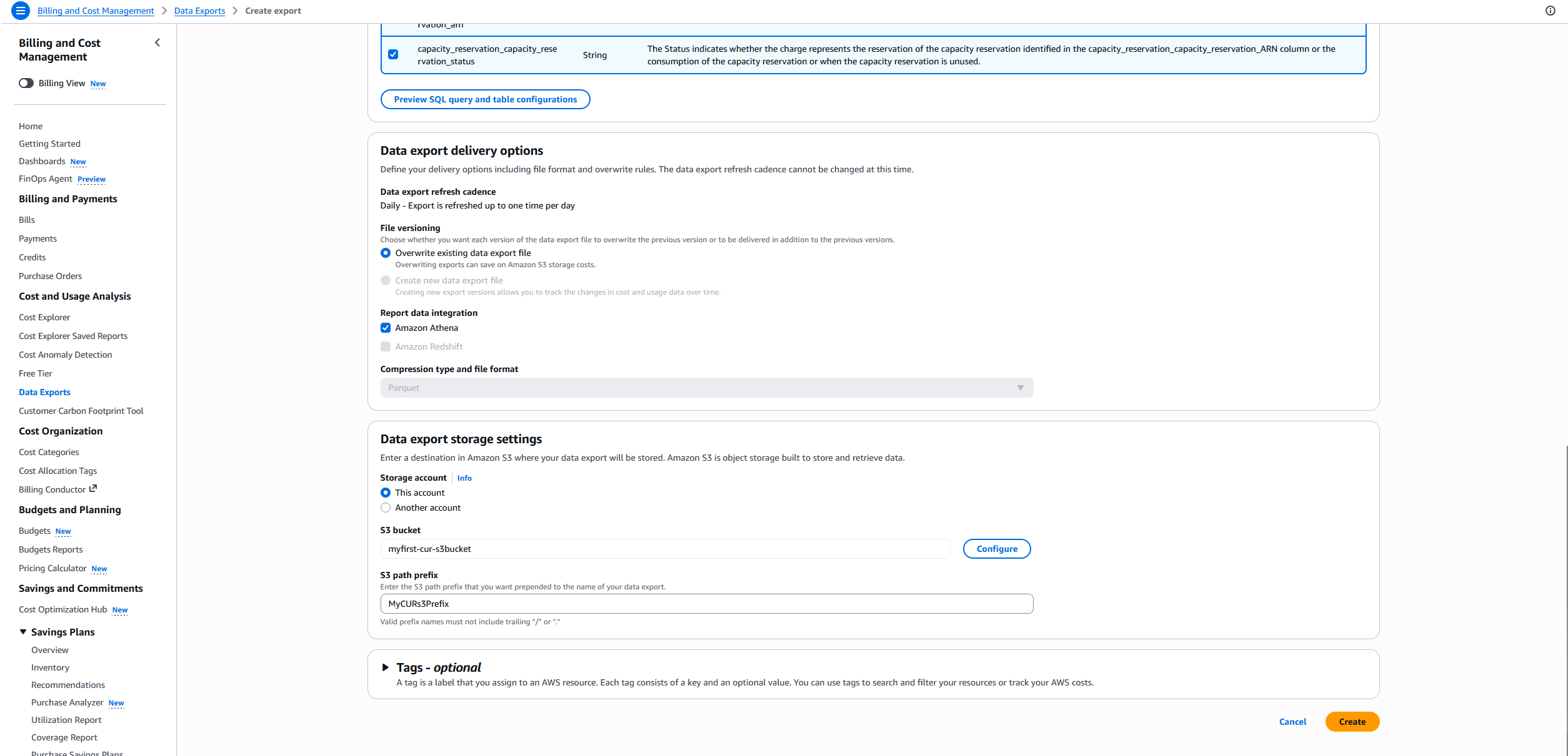 Delivery options with Overwrite existing file selected and Parquet compression format