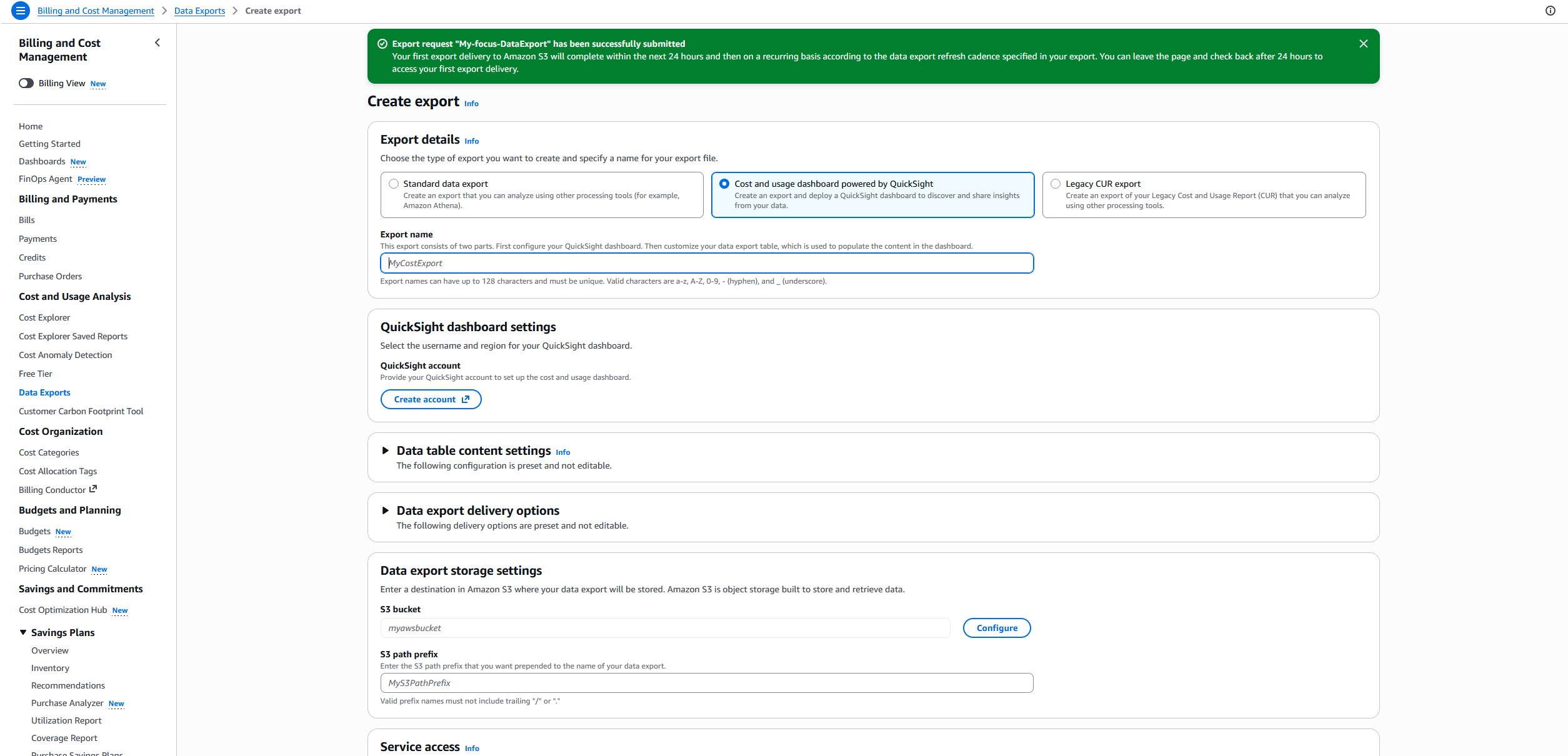 S3 storage settings showing bucket name field, path prefix field, and Configure button