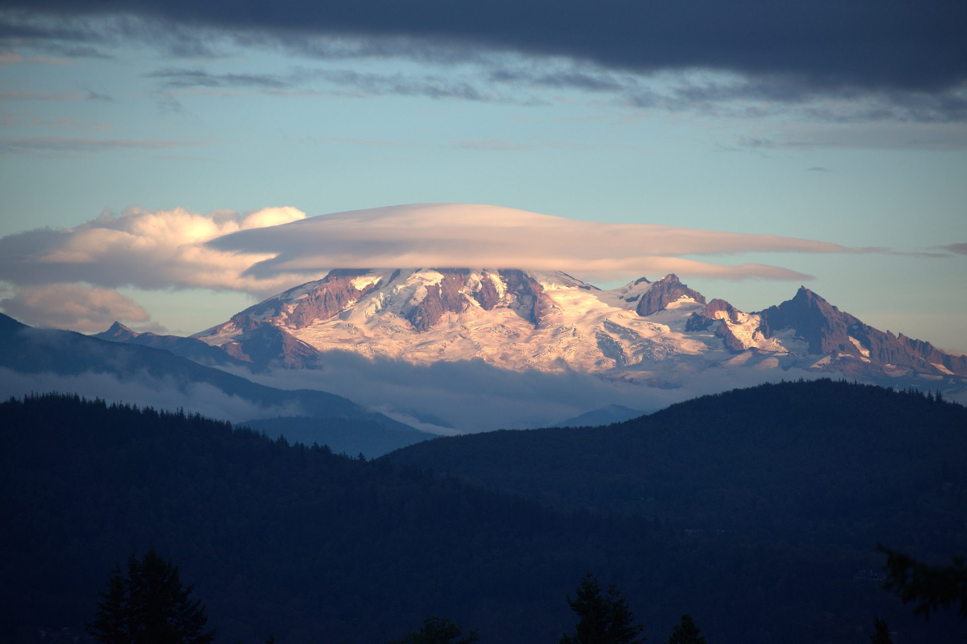 Kulshan, Mt Baker, at sunset with a lenticular cloud over the summit